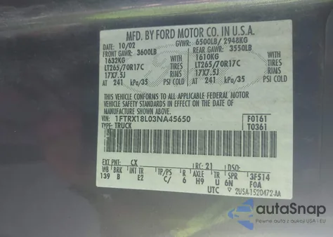 2003 Ford F-150 Lariat/Xl/Xlt из США, поврежденный, VIN 1FTRX18L03NA45650